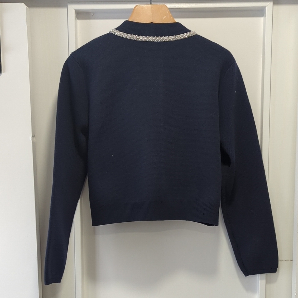 Navy Blue Cardigan and Slip Skirt Set with White Beaded Trim Details Size Medium - Picture 8 of 11